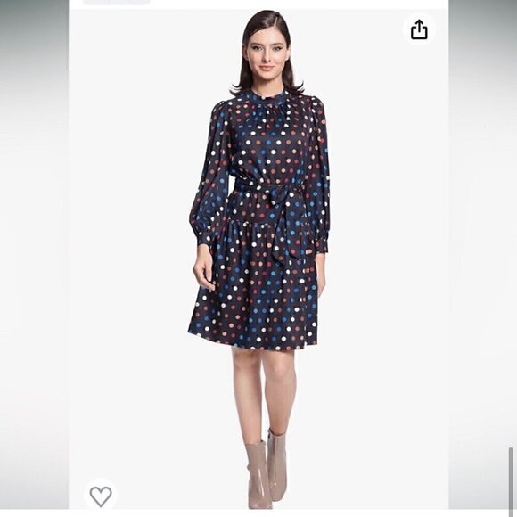 Maggy London Polka Dot Long Balloon Sleeve Dress With Cutout Back and Tie Waist - Picture 2 of 11